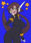  1girl :3 absurdres aile_(mega_man_zx) black_bodysuit blue_background blue_jacket blush bodysuit bodysuit_under_clothes breasts brown_hair buzzlyears commentary covered_collarbone covered_navel cowboy_shot cropped_jacket glowing green_eyes hand_to_own_mouth highres jacket large_breasts long_hair looking_at_viewer mega_man_(series) mega_man_zx mega_man_zx_advent no_pants open_clothes open_jacket open_mouth ponytail robot_ears simple_background smile smug solo 