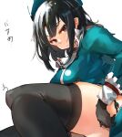  ascot beret black_gloves black_hair black_thighhighs blue_hat blue_jacket breasts gloves hat highres jacket kantai_collection large_breasts military_uniform red_eyes short_hair simple_background sunday_aki takao_(kancolle) thick_thighs thighhighs thighs translation_request uniform white_ascot white_background 