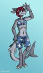  anthro blue_eyes bottomwear breasts claws clothed clothing ear_piercing ear_ring female fish grey_body hair hi_res long_ears looking_at_viewer marine non-mammal_breasts piercing red_hair ring_piercing sealer4258 serra_(sealer4258) shark shark_fin shark_tail shorts simple_background small_breasts solo swimming_trunks swimwear tail topwear 