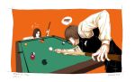  2boys absurdres anger_vein ball billiard_ball billiards blowing bowl_cut brown_hair cheating_(competitive) cue_stick eren_kruger eren_yeager highres holding_cue_stick leaning_forward male_focus mature_male mimi_(61743952) motion_lines multiple_boys pool_table shingeki_no_kyojin short_hair spoken_object table time_paradox tsurime vertical_eye_lines 