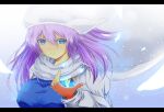  1girl blue_eyes breasts closed_mouth commentary_request hair_between_eyes hat highres large_breasts letterboxed letty_whiterock long_sleeves looking_at_viewer medium_hair nekominase purple_eyes scarf smile solo touhou upper_body white_hat white_scarf 