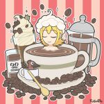 1girl animal artist_name blonde_hair breasts closed_eyes coffee_beans coffee_press cup fuguiibo glass highres kagamine_rin nude partially_submerged signature small_breasts smile spoon striped_background teacup vocaloid whipped_cream 