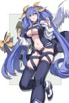  1girl absurdres angel_wings asymmetrical_wings bare_shoulders belt black_panties black_thighhighs blue_hair blush breasts center_opening cleavage collarbone commentary detached_sleeves dizzy_(guilty_gear) feathers foot_out_of_frame guilty_gear guilty_gear_x guilty_gear_xrd guilty_gear_xx hair_between_eyes hair_ribbon hair_rings highres huanxiang_huifeng large_breasts long_hair long_sleeves looking_at_viewer navel panties puffy_long_sleeves puffy_sleeves pulled_by_self red_eyes ribbon shadow sidelocks simple_background skindentation solo stomach tail tail_ornament tail_ribbon thick_thighs thigh_gap thigh_strap thighhighs thighs twintails underboob underwear wings yellow_ribbon 