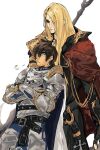 2boys absurdres adventurer_(ff14) armor black_coat blonde_hair blue_eyes breastplate brown_hair cape coat collared_coat cowboy_shot crossed_arms eye_contact faulds final_fantasy final_fantasy_xiv forehead_jewel garlean gauntlets height_difference highres hyur leaning_back leaning_on_person long_hair looking_at_another looking_up male_focus marikmame multiple_boys paladin_(final_fantasy) pauldrons puff_of_air red_cape short_hair shoulder_armor simple_background standing warrior_of_light_(ff14) weapon weapon_on_back white_background zenos_yae_galvus 