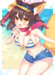  1girl :d alternate_breast_size animal_ear_fluff animal_ears bare_shoulders bikini bikini_under_clothes blue_archive blue_shorts blush breasts brown_hair cleavage commentary_request denim denim_shorts fang fox_ears fox_girl fox_tail hair_between_eyes halo hand_up highres index_finger_raised izuna_(blue_archive) izuna_(swimsuit)_(blue_archive) leaning_forward looking_at_viewer medium_breasts navel one_side_up open_clothes open_fly open_shorts orange_eyes shikito_(yawa0w0) short_shorts shorts smile solo striped_bikini striped_clothes swimsuit tail visor_cap water 