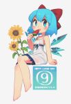  1girl absurdres alternate_costume alternate_headwear artist_name bare_arms bare_legs bare_shoulders barefoot blue_eyes blue_hair bow circled_9 cirno cirno_day commentary crossed_legs dated dress english_commentary flower food full_body hair_bow highres ice ice_wings licking looking_at_viewer making-of_available popsicle porforever red_bow short_hair simple_background sitting sleeveless sleeveless_dress solo strap_slip sundress sunflower tongue tongue_out touhou watermelon_bar white_background white_dress wings 