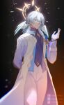  1boy arm_behind_back blue_shirt coat commentary cowboy_shot gloves hand_up head_wings highres honkai:_star_rail honkai_(series) long_hair long_sleeves male_focus odeko_yma open_clothes open_coat pants shirt solo standing sunday_(honkai:_star_rail) white_coat white_gloves white_hair white_pants wings 