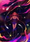  1girl artist_logo breasts closed_eyes commentary completely_nude curly_hair earrings english_commentary from_above full_body highres jewelry long_hair nipples nude original outstretched_arms partially_submerged planet red_hair sky solastria solo spread_arms star_(sky) starry_sky water 