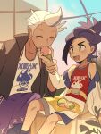  2boys black_hair blush closed_eyes closed_mouth commentary_request drayton_(pokemon) eating highres holding jacket kieran_(pokemon) knees looking_at_another male_focus multicolored_hair multiple_boys off_shoulder open_clothes open_jacket open_mouth pokemon pokemon_sv purple_hair red_shirt shirt shorts sitting sleeveless sleeveless_shirt streaked_hair suikaels two-tone_hair white_hair white_jacket white_shirt white_shorts yellow_eyes 