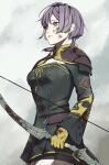  1girl bernadetta_von_varley blood blood_on_clothes blood_on_face bow_(weapon) earrings fire_emblem fire_emblem:_three_houses highres holding holding_weapon jewelry purple_eyes purple_hair short_hair sleepyboy1007 weapon 