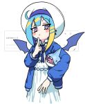  1girl azmira1534815 blonde_hair blue_hair blue_jacket blush_stickers finger_to_own_chin hat highres jacket lil-la_(yu-gi-oh!) live_twin_lil-la looking_at_viewer multicolored_hair neck_ribbon purple_eyes ribbon shirt solo stuffed_animal stuffed_shark stuffed_toy two-tone_hair white_shirt wings yu-gi-oh! 