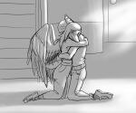  2024 anon_(snoot_game) anthro bald black_and_white blush cavemanon_studios clothing dinosaur duo eyes_closed fang_(gvh) feathered_wings feathers female footwear goodbye_volcano_high hair hug human jmf kneeling long_hair male male/female mammal monochrome pterodactylus pterosaur reptile scalie shoes short_tail sketch sneakers snoot_game snout tail wings 