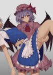  2girls ascot bat_wings carrying dress gradient_background grey_background hat hat_ribbon highres izayoi_sakuya looking_at_viewer maid mob_cap multiple_girls pink_dress pink_hat pointy_ears purple_hair red_ascot red_eyes red_ribbon remilia_scarlet ribbon short_hair tofuandsoup touhou wings 