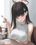  1girl black_hair blue_archive breasts chair food food_on_face hair_ornament hairpin halo highres holding holding_spoon large_breasts long_hair open_mouth red_eyes ringed_eyes rio_(blue_archive) sleeveless sleeveless_sweater solo spoon sweater table white_sweater yatsuka_mirin 
