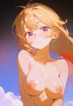  1girl ahoge ai-generated blonde_hair blue_eyes blue_sky blush breasts closed_mouth cloud collarbone completely_nude gb_5 highres large_breasts long_hair looking_at_viewer medium_breasts navel nipples non-web_source nude original parted_lips sky solo sweat upper_body 