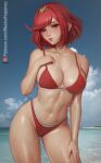  1girl bangs beach bikini bracelet breasts cleavage cloud collarbone hand_on_own_chest hand_on_own_thigh head_tilt jewelry large_breasts leaning leaning_forward looking_at_viewer meekohopanes navel ocean parted_lips patreon_username pyra_(xenoblade) red_bikini red_eyes red_hair short_hair sky smile solo stomach swept_bangs swimsuit thighs tiara wet xenoblade_chronicles_(series) xenoblade_chronicles_2 