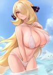  1girl artist_name bikini blonde_hair blue_sky blush breasts closed_mouth cloud collarbone cynthia_(pokemon) day grey_eyes hair_ornament hair_over_one_eye highres large_breasts long_hair looking_at_viewer navel norza ocean outdoors partially_submerged pokemon pokemon_(creature) pokemon_(game) pokemon_dppt sky swimsuit togekiss wet white_bikini 