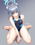  1girl animal_ear_fluff animal_ears aona_(anagasaki) barefoot black_one-piece_swimsuit blue_archive blue_eyes breasts competition_swimsuit covered_navel cross_hair_ornament extra_ears full_body grey_hair hair_ornament halo highres low_ponytail medium_breasts medium_hair mismatched_pupils multicolored_clothes multicolored_swimsuit official_alternate_costume one-piece_swimsuit shiroko_(blue_archive) shiroko_(swimsuit)_(blue_archive) sitting solo swimsuit twitter_username wariza wolf_ears 