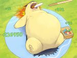  ambiguous_gender belly berry big_belly eating eating_food feral fire food fruit generation_2_pokemon grass hi_res lying motion_lines nintendo number obese obese_feral on_back open_mouth outside overweight overweight_feral plant pokemon pokemon_(species) simple_background solo typhlosion weight_gain zephy_03 