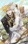  1boy absurdres arm_support chinese_clothes flower hand_up highres holding holding_flower jewelry light_and_night_love long_sleeves looking_at_viewer male_focus miao_clothes qi_sili short_hair sitting solo sparkle tassel white_hair wind xianyulynn yellow_flower 
