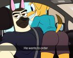  anthro blue_eyes bottomwear brown_body brown_eyes brown_fur butt camera_view canid canine canis car clothed clothing corgidor domestic_dog doritohead drive-thru duo frown fur german_shepherd he_wants_to_order herding_dog hi_res humor inside_car kaine_lewis looking_at_viewer male male/male mammal meme mirror muscular muscular_anthro muscular_male open_window parody pastoral_dog seat seatbelt selfie shirt short_tail shorts sitting size_difference smile steering_wheel teeth text topwear vehicle wally_pembroke window yellow_body yellow_fur 