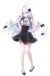  1girl absurdres angel_wings azusa_(blue_archive) black_footwear black_skirt blue_archive blush breasts candy closed_mouth collarbone feathered_wings food full_body grey_hair hair_between_eyes halo heart high_heels highres holding holding_candy holding_food long_hair purple_eyes shirt simple_background skirt sleeveless sleeveless_shirt small_breasts solo white_background white_shirt white_wings wings yellow_halo yum_draw 