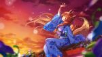  1girl animal_ears arm_up blue_flower blue_kimono blurry blurry_foreground braid brown_hair dusk floral_print flower fox_ears fox_girl fox_tail fumi_(nijisanji) gradient_sky japanese_clothes kimono long_hair long_sleeves nijisanji obi piroshiki123 print_kimono purple_flower red_sky sash shiny shiny_hair sitting sky solo tail virtual_youtuber wide_sleeves 