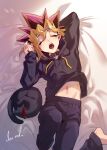  1boy absurdres arm_up barefoot bed_sheet black_cat black_choker black_hair black_hoodie blonde_hair cat choker closed_eyes clothes_lift dated_commentary dyed_bangs highres hood hoodie less_end male_focus multicolored_hair muto_yugi navel on_bed open_mouth purple_hair shirt_lift short_hair sidelighting signature sleeping solo spiked_hair stretching tears waking_up yawning yu-gi-oh! yu-gi-oh!_duel_monsters 