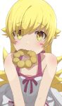  1girl absurdres bangs bare_shoulders blonde_hair blush_stickers camui1104 collarbone doughnut food hair_between_eyes highres long_hair looking_at_viewer monogatari_(series) mouth_hold oshino_shinobu simple_background smile solo white_background yellow_eyes 