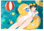  1girl ball beachball black_eyes black_hair border floating from_above hair_bun highres junro knee_up looking_at_viewer on_innertube one-piece_swimsuit open_mouth original outside_border pool rubber_duck solo spaghetti_strap swimsuit water whistle whistle_around_neck white_border white_one-piece_swimsuit yellow_innertube 
