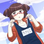  1girl blue_sky blunt_bangs brown_hair cloud cloudy_sky commentary_request dutch_angle frown glasses hands_up holding holding_clothes holding_swimsuit indie_virtual_youtuber jacket looking_at_viewer magari_(c0rn3r) open_clothes open_jacket open_mouth orange_jacket red_eyes school_swimsuit shirt short_twintails sky solo swimsuit takajin-chan track_jacket twintails upper_body virtual_youtuber white_shirt 