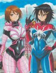  2girls \m/ absurdres animal_print black_hair blue_bodysuit blue_sky bodysuit brown_hair building cellphone colored_pencil_(medium) commission contrapposto covered_navel crossover dated deadpool_(series) hair_ornament hand_on_own_hip hida_haruka highres holding holding_phone latex latex_bodysuit looking_at_viewer marvel multiple_girls outdoors peni_parker phone pink_bodysuit ravernclouk red_bodysuit sakura_spider short_hair sky smartphone smile spider-man_(series) spider-verse spider_print spider_web_print standing superhero_costume thick_thighs thighs tokyo_tower traditional_media two-tone_bodysuit yellow_eyes 