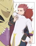  2boys alternate_color carrying closed_mouth coat commentary_request highres lance_(pokemon) long_hair long_sleeves male_focus mocollie multiple_boys official_alternate_costume pants pokemon pokemon_(creature) pokemon_hgss pokemon_masters_ex red_hair shiny_pokemon short_hair silver_(champion)_(pokemon) silver_(pokemon) sleeping sleeves_past_elbows smile translation_request tyranitar white_background white_coat white_pants zzz 