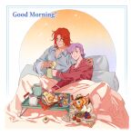  1boy 1girl 5altybitter5 bacon bread bread_slice breakfast butter butter_knife closed_mouth cookie couple cup earrings eating food fruit good_morning grapes green_eyes grey_shirt highres holding holding_cup jewelry knife long_sleeves mug olive original pajamas ponytail purple_hair red_hair red_shirt rikkon_berchtes risian_carter sandwich shirt short_hair sitting smile strawberry stud_earrings toast tray under_covers yellow_eyes 