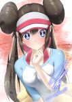  1girl absurdres blue_eyes blush breasts bright_pupils brown_hair closed_mouth commentary_request dated double_bun hair_bun hand_up highres long_hair looking_at_viewer mitsukuma448 pokemon pokemon_bw2 raglan_sleeves rosa_(pokemon) shirt shorts signature smile solo sparkle twintails upper_body visor_cap white_pupils yellow_shorts 