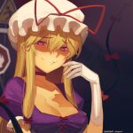  1girl bangs blonde_hair boa_(brianoa) bow breasts choker cleavage commentary dress english_text evil_smile furrowed_brow gap_(touhou) gloves glowing glowing_eyes hair_between_eyes hair_bow hand_up hat hat_ribbon highres large_breasts long_hair low_neckline mob_cap puffy_short_sleeves puffy_sleeves purple_dress purple_eyes red_bow red_choker red_ribbon ribbon road_sign shaded_face short_sleeves sidelocks sign smile solo square_neckline touhou twitter_username upper_body white_gloves white_headwear yakumo_yukari 