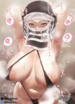  1girl ? alternate_breast_size alternate_costume areola_slip armpits arms_behind_head black_one-piece_swimsuit bluesky_username breasts commentary_request female_pubic_hair green_eyes heart heart-shaped_pupils huge_breasts hypnosis juurouta kakushi_(kimetsu_no_yaiba) kimetsu_no_yaiba looking_at_viewer mind_control mouth_veil navel one-piece_swimsuit paid_reward_available pubic_hair pubic_hair_peek simple_background slingshot_swimsuit solo spoken_question_mark sweat swimsuit symbol-shaped_pupils twitter_username veil 
