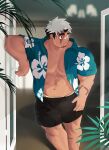  1boy absurdres akiha_gongen_(housamo) bandaid bandaid_on_face bandaid_on_nose bara bare_pectorals black_hair black_shorts blue_shirt brown_eyes dark-skinned_male dark_skin facial_hair goatee hawaiian_shirt highres horns large_pectorals leaning_on_object looking_to_the_side male_focus multicolored_hair muscular muscular_male official_alternate_costume pectorals scar scar_on_arm shirt short_hair shorts sideburns single_horn solo t-ryu thick_eyebrows tokyo_afterschool_summoners two-tone_hair variant_set white_hair 