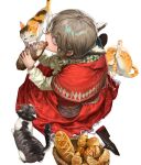  1girl absurdres animal_ear_fluff animal_ears basket bread brown_eyes brown_hair capelet cat eating extra_ears fake_animal_ears food food_bite food_on_face from_above heo_sung-moo highres holding holding_food long_sleeves open_mouth original red_capelet red_skirt shoes short_hair simple_background sitting skirt socks solo white_background white_socks 