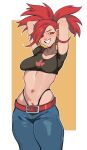  1girl absurdres arms_behind_head belt blush collarbone crop_top earrings flannery_(pokemon) hair_over_one_eye highleg highleg_panties highres jewelry midriff navel_piercing panties pants piercing pokemon pokemon_(game) pokemon_oras porqueloin pubic_hair pubic_hair_peek red_belt red_eyes red_hair red_pubic_hair smile teeth underwear 