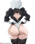 1girl adjusting_clothes arachnart ass back_cutout black_gloves black_thighhighs boots cameltoe clothing_cutout cowboy_shot from_behind gloves highres huge_ass leotard long_sleeves nier_(series) nier_automata paid_reward_available short_hair simple_background solo standing thigh_boots thighhighs thighs white_background white_hair yorha_no._2_type_b 