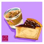  artist_logo chocolate_syrup cup drink drinking_glass food food_focus highres ice ice_cube no_humans original pie pie_slice yuki00yo 