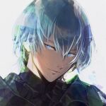  1boy armor black_armor blue_eyes blue_hair byleth_(fire_emblem) byleth_(male)_(fire_emblem) closed_mouth commentary_request fire_emblem fire_emblem:_three_houses hair_between_eyes highres lips looking_to_the_side male_focus sadakadeha_nai short_hair simple_background smile solo upper_body white_background 