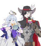 1boy 1girl alcohol aqua_eyes beer beer_mug belt black_hair black_hat black_jacket blue_choker blue_hair boothill_(honkai:_star_rail) brown_belt cape choker commentary cup detached_sleeves dress drinking drinking_straw fedora gloves hair_intakes halo hat hat_feather highres holding holding_cup honkai:_star_rail honkai_(series) jacket long_hair looking_at_viewer mug multicolored_hair odeko_yma red_cape robin_(honkai:_star_rail) short_sleeves simple_background strapless strapless_dress two-tone_hair upper_body very_long_hair white_background white_dress white_gloves white_hair 