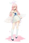  1girl 1yu_x angel_wings black_footwear blue_archive blush breasts choker cleavage dress feathered_wings flower full_body halo highres holding holding_flower kneehighs large_breasts long_hair mika_(blue_archive) pink_hair pink_halo red_flower shoes sleeveless sleeveless_dress socks solo standing white_choker white_dress white_socks white_wings wings yellow_eyes 