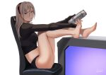  1girl among_us bangs bare_legs barefoot black_panties black_shirt black_sports_bra blonde_hair blue_eyes breasts can chair crewmate_(among_us) feet from_side full_body girls&#039;_frontline hair_between_eyes hair_ornament hairband hairpin highres holding holding_can kion-kun legs legs_on_table long_hair long_sleeves looking_at_viewer medium_breasts mole mole_under_mouth monster_energy multiple_hairpins office_chair open_mouth panties parted_lips product_placement red_hairband shaw_(girls&#039;_frontline) shirt sideboob sitting solo sports_bra table thighs toes turtleneck twitter_username underwear white_background 