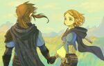  1boy 1girl 51amimn bag black_gloves blonde_hair blue_eyes blue_tunic breasts brown_hair champion&#039;s_tunic_(zelda) closed_mouth day fingerless_gloves gloves grass hair_ornament hairclip highres holding_hands hood hood_down link long_sleeves mountain outdoors pointy_ears ponytail princess_zelda sky the_legend_of_zelda the_legend_of_zelda:_breath_of_the_wild tunic 