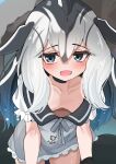  1girl absurdres black_choker black_hair blowhole blue_dress blue_eyes blush bow bowtie cetacean_tail choker collarbone cowboy_shot darus5 dolphin_girl dorsal_fin dress fins fish_tail frilled_dress frills grey_bow grey_bowtie hair_between_eyes head_fins highres japari_symbol kemono_friends long_hair looking_at_viewer multicolored_hair open_mouth pacific_white-sided_dolphin_(kemono_friends) sailor_collar sailor_dress sidelocks smile solo tail two-tone_hair white_hair 