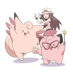  1girl :d agt_bp black_wristband blush_stickers brown_hair bucket_hat claws clefable clefairy colored_skin finger_wagging glasses happy hat highres holding holding_wand index_finger_raised leaf_(pokemon) light_blush long_hair open_mouth pink_skin pokemon pokemon_(creature) pokemon_frlg red-framed_eyewear shirt skirt sleeveless sleeveless_shirt smile standing star_(symbol) wand white_background wings wristband 