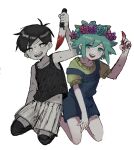  2boys absurdres antenna_hair aqua_eyes aqua_flower aqua_hair aqua_rose arm_at_side arm_up bare_arms basil_(headspace)_(omori) basil_(omori) black_socks black_tank_top blood blood_on_knife blue_overalls buttons child collarbone colored_skin drooling flower flower_wreath full_body gardening_shears green_shirt hair_behind_ear hand_on_own_thigh head_wreath highres holding holding_knife kneehighs kneeling knife multiple_boys official_alternate_eye_color omori omori_(omori) open_mouth overall_shorts overalls pink_flower pink_rose piyosuke_(piyoneko_suke) purple_flower rose shears shirt short_hair short_sleeves shorts sidelocks smile socks strap_slip striped_clothes striped_shorts sweat tank_top teeth upper_teeth_only v-shaped_eyebrows vertical-striped_clothes vertical-striped_shorts white_eyes white_skin 